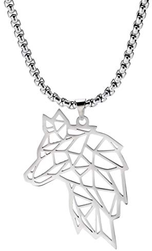 VASSAGO Collar con colgante de cabeza de lobo de acero inoxidable, diseño geométrico hueco, cadena ancha, collares para hombres, adolescentes, amantes de los lobos, regalos, Metal