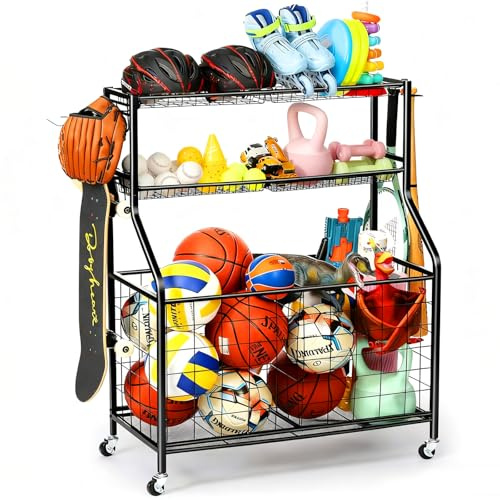 Kinghouse Sportausrüstungs-Organizer für die Garage, Ball-Aufbewahrung, Garagen-Ballaufbewahrung, Sportausrüstung, Garagen-Organizer mit Körben und Haken, rollender Ballwagen, schwarz, Stahl
