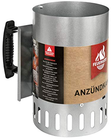 FEUERGOTT Anzündkamin Premium Big XXL - Grillkohle Grillanzünder mit natürlichem Zugmechanismus, für Holzkohle und Briketts und BBQ-Grill, hitzebeständiger Griff und Hitzeschutzblech, 27x17x27,5 cm