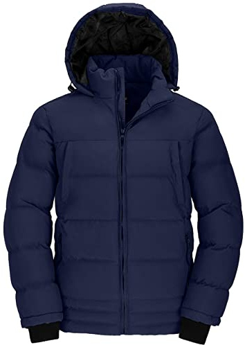Wantdo Giacca Caldo Invernale Giubbotto con Cappuccio Regolabile Parka Trapuntato Idrorepellente Cappotto da Lavoro Outdoor Uomo Blu Scuro L