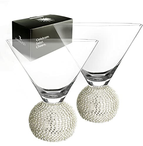 GEMEZZI Stemless Martini Glasses Set of 2, Silver Stemless Modern Cocktail Glass, Crystal Ball Base in Elegant Box, Perfect Bar Accessories for Margarita, Manhattan, Cosmos, Mixed Drinks, and Desserts