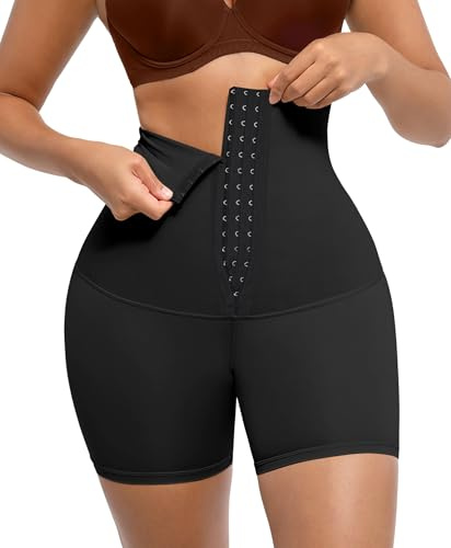 FeelinGirl Pantalón Moldeador Mujer de Cintura Alta Fajas Reductoras para Control Abdomen con Ganchos de 3 Filas Leggings Shorts Cortos Adelgazante Negros L