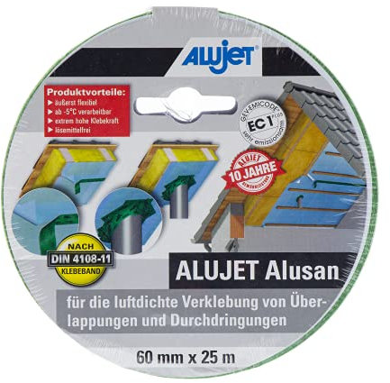 ALUJET Alusan - Nastro adesivo per incollaggio ermetico di pellicole freno a vapore su penetrazioni e sovrapposizioni, nastro sigillante per barriera al vapore, 60 x 25 cm