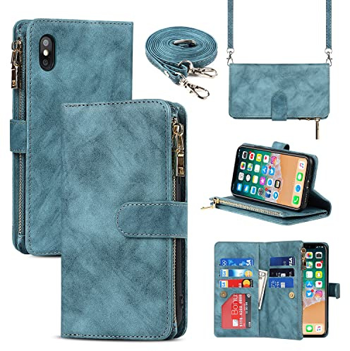 CAVOR Handykette Handyhülle kompatibel mit iPhone XS Max Hülle Mit Band,Flip Leder Geldbörse Hülle Mit Kette,[9 Kartenfach][Doppelte Schnalle],Umhängeband Klapphülle Handytasche - Hellblau