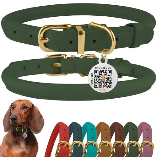 BRONZEDOG Hundehalsband aus gerolltem Leder mit QR-ID-Tag, verstellbar, weiche runde Halsbänder für kleine, mittelgroße und große Hunde, Welpen, Katzen (Smaragdgrün, 35-41 cm)