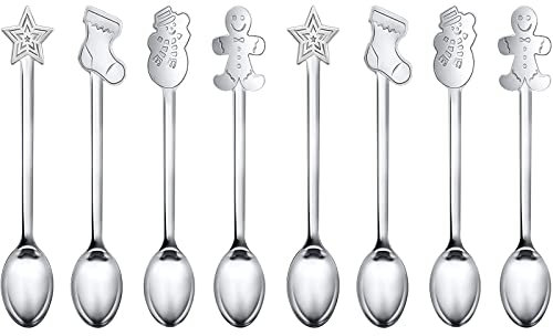 Cucchiai di Natale, Set di 8 in Acciaio Inox per Dessert e Gelato, Lunghi per Latte Macchiato
