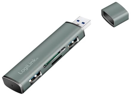 Logilink Hub USB 3.2 (Gen2) de 2 Puertos con Lector de Tarjetas para Tarjetas microSD y SD, Carcasa de Aluminio con Tapa Protectora