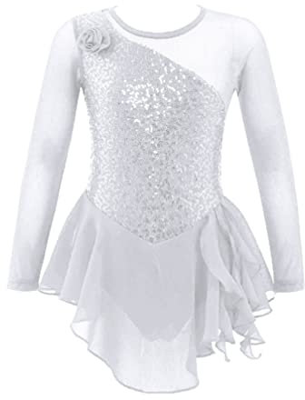 YiZYiF Mädchen Ballett Tanzkleider Pailletten Mesh Spleiß Eiskunstlauf Kleid Rhythmische Gymnastik Trikot Turnanzug Mit Röckchen Tanzbekleidung Weiß 158-164/13-14 Jahre