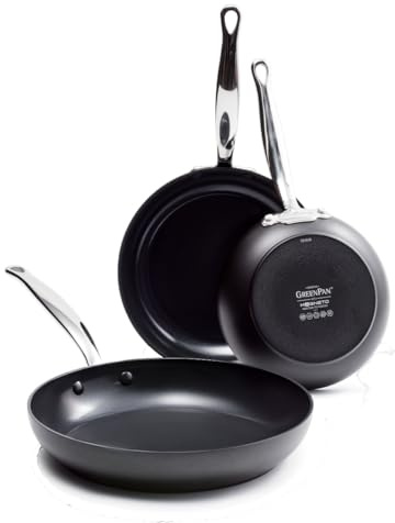 GreenPan Barcelona Hard Anodized Harteloxierte Gesunde Keramik-Antihaftbeschichtung, 3-teiliges Bratpfannen-Set 20cm, 24cm & 28cm, PFAS-frei,Edelstahlgriff,Induktion,Ofen,Spülmaschinenfest,Schwarz