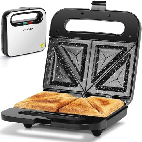 Aigostar - Sandwichera 2 Sandwiches, Revestimiento Cerámico Antiadherente, Control Automático de Temperatura 180-200℃, Luces Indicadoras, Asa de Toque Frío, Almacenamiento Vertical, 750W, Lamo Pro