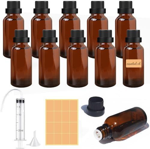 Furuising 10 Stück 30ml Tropfflasche mit 20ml Spritze, Trichter, Etikett | Braunglasflasche, Wiederverwendbar Glasflaschen, Braune Flaschen für Ätherische Öle Parfüm Körperöl