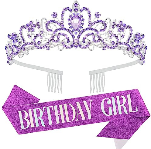 Tiara Corona de Cristal Con Birthday Girl Sash - Diadema de Cumpleaños Con Diamantes de Imitación - Tocado y Accesorios Púrpura Para Mujer