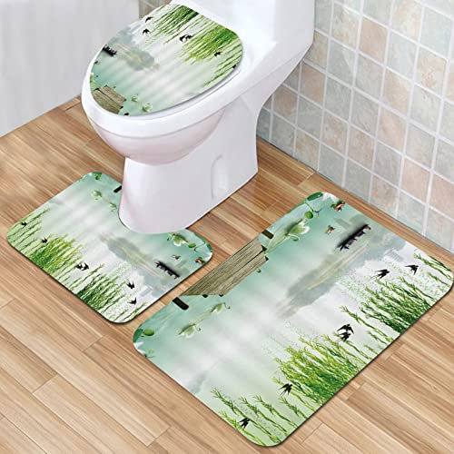 IUBBKI Badezimmermatte, rutschfeste Matte, Garten, Feuchtgebiet, chinesischer Hangzhou Leifeng Turm, Nebel, Holz, Badematten-Set, 3-teilig, saugfähig, rutschfest, Badematte, WC-Vorleger, Badteppich