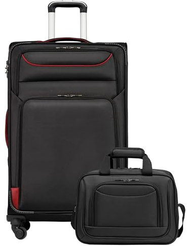 COOLIFE Koffer Trolley Koffer Reisekoffer von 4 Rollen Stoffkoffer Handgepäck TSA-Schloss Der Koffer Enthält 1 Große Umhängetasche (Großer Koffer-Set 2tlg, Schwarz+Rot)
