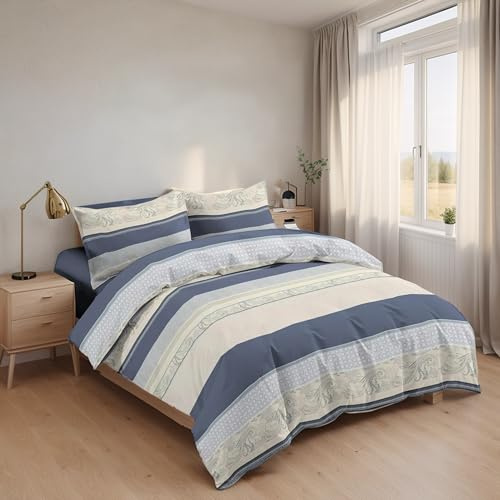 Etrexonline Juego de Funda Nórdica 3 Piezas Cama 90 Microfibra Suave Transpirable - 1 Funda Edredón 150x220 cm, 1 Bajera 90x200+28 cm y 1 Funda Almohada 50x110 cm (Azul Marino y Beige)