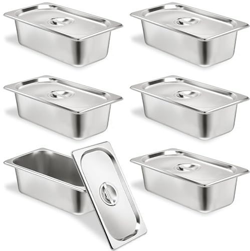 TSUBOR 6 Set Stainless Steel Hotel Pans 1/3 Size 4 Inch Deep With Lids, Anti-Jam Chafing Steam Table Pans, Catering Food Storage Metal Pan