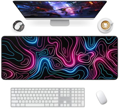 Giecy Gaming Mauspad XXL, Mousepad Groß 800x300mm,Schreibtischunterlage mit Rutschfester Gummibasis,Desk Mat für Tastatur, PC, Laptop(Neonlinie)