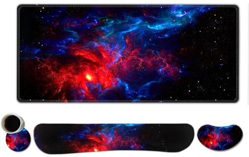 ToLuLu Extended Gaming Mouse Pad, Memory Foam Ergonomic Keyboard Mouse Wrist Rest Support Set, Large Desk Mat with Stitched Edges, Non-Slip Base Mousepad for Home Office and Game, Blue Red Galaxy