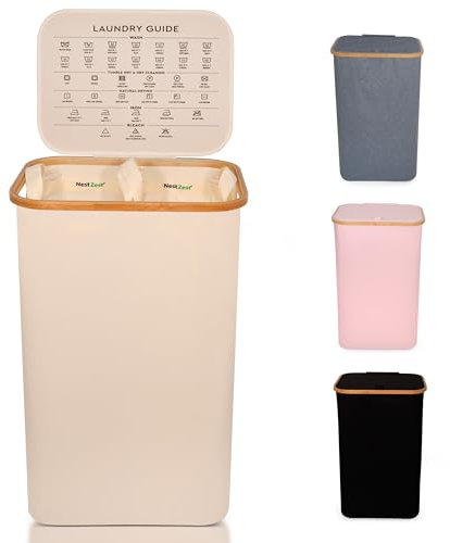 Nest Zest Cesto portabiancheria doppio da 100 l con coperchio, 2 scomparti per ordinare il lavaggio, cesto portabiancheria con guida alla cura e 2 sacchetti interni rimovibili, cesto per vestiti