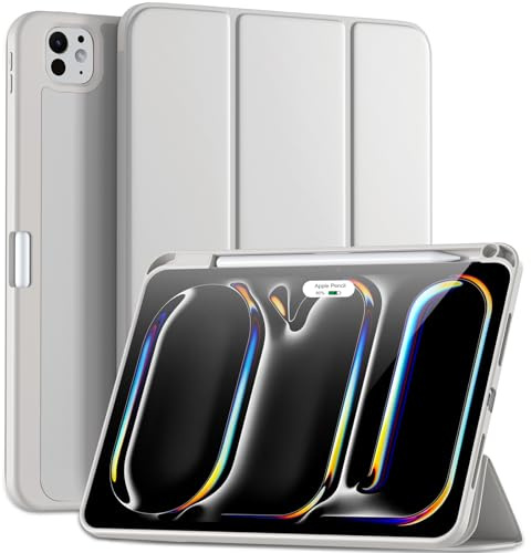 Maledan Hülle für iPad Pro 11 Zoll M5 2025/M4 2024 mit Stifthalter | Flexible TPU Schutzhülle, Unterstützt Pencil Pro/USB-C, Dreifach-Ständer, Auto Schlafen/Wachen, Hell Grau