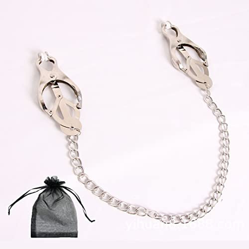 Clover Clip Nipple Clamps, Nipple Clamps with Chain, Non Piercing Nipple Clamps, Breast Nipple Clamps with Metal Chain Sm Flirting Toys for Women Role Play (Silver)