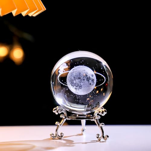 URFEDA Palla stampa di carta in vetro, sfera di cristallo 3D intagliata pianeta, sfere di cristallo trasparente 6 cm con supporto in metallo, sfera di vetro decorativa, regalo di compleanno