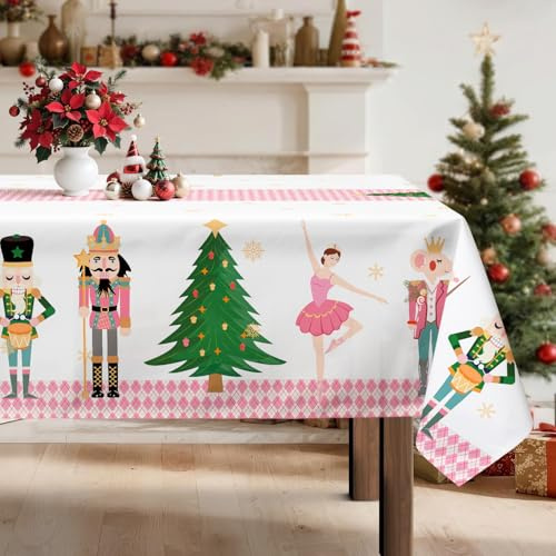 Arquiel Mantel Navidad Cascanueces Rosa, Impermeable Antimanchas Poliéster Lavable para Fiesta, Vacaciones, Decoración del Hogar De Invierno (140 X 180 Cm)