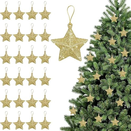 Sterne Weihnachtsbaum, 24pcs Sterne deko hängend, weihnachtsdeko, weihnachtsbaumschmuck, Geeignet zum weihnachtlichen Aufhängen an Weihnachtsbäumen, Kaminen, Fenstern, Tischdekorationen(Gold)