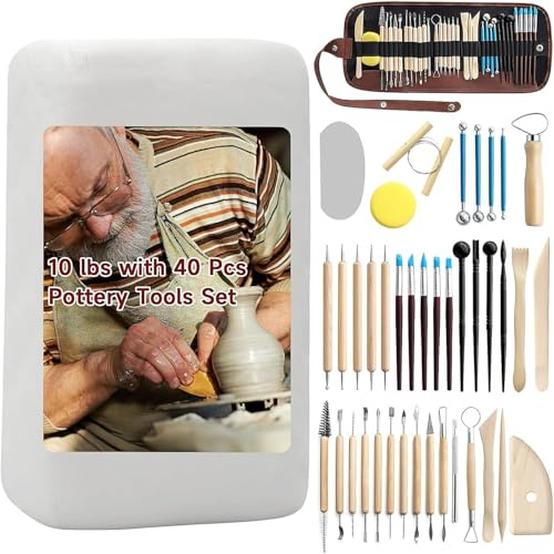 Natural Air Dry Clay Kit, 4.5 kg/10 LBs White Pottery Clay for Adults with 40 Pcs Pottery Tools & Storage Bag, Modeling Clay Sculpting Tool Set for DIY Hand Making Modeling Clay Craft Ceramics Project