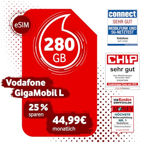 Vodafone GigaMobil L eSIM | 25% Dauerrabatt auf den Basispreis | 24 Monate Vertragslaufzeit