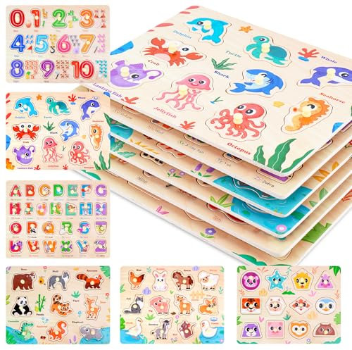 6PCS Kinder Holzpuzzle Spielzeug ab 3 Jahre, Montessori Spielzeug Puzzle ab 3 4 5 Jahre, Kinderspielzeug Steckpuzzle - Lernen Alphabet, Zahlen, Formen, Tiere, Lernspiele Geschenke für Jungen Mädchen
