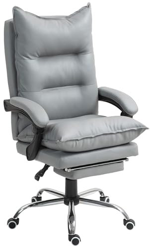 Vinsetto Bürostuhl Ergonomischer Schreibtischstuhl mit Armlehne, Fußstütze, Höhenverstellbarer Drehstuhl aus Kunstleder, Gepolstert Computerstuhl, Hellgrau