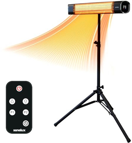 Senelux Electric Infrared Patio Heater 2000W with Tripod | IP65 Water-Resistant Radiant Heater for Indoor & Outdoor | Remote Control, Timer & 9 Heat Levels | LED Display | Portable