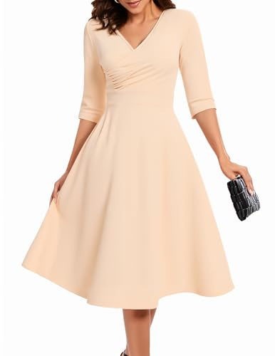 Bbonlinedress Vestido de Cóctel Fiesta Midi para Mujer Vestido Formal para Invitada de Boda Cuello en V Longitud del Té con Manga 3/4-1Beige M