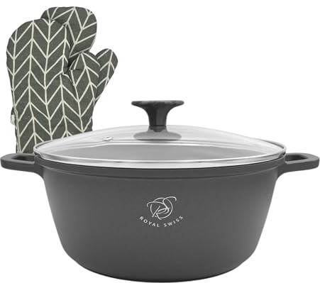 Royal Swiss® Faitout avec Revêtement Marbre, Couvercle en verre, Induction, 9,5 Litres, 32 cm, Noir (Noir, 32)