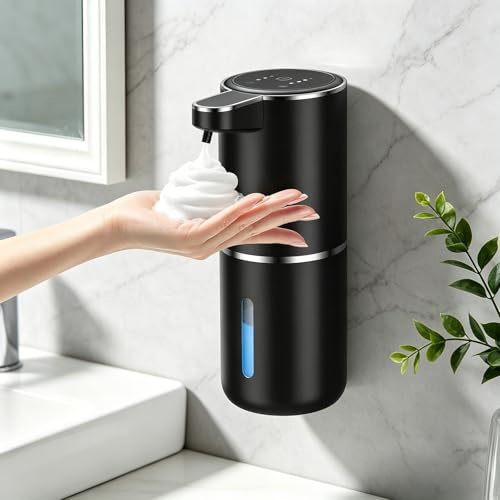 Dalugo Automatic Foam Soap Dispenser, 380ml Rechargeable Touchless Wall Mounted Soap Dispenser with 4 Adjustable Levels, IPX5 Waterproof for Kitchen and Bathroom (Black)