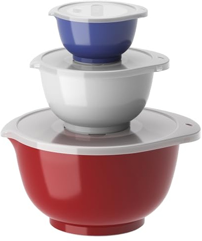 Rosti Margrethe Schüssel Set, Rührschüssel Set, 6-Teilig mit 3 Rührschüsseln und 3 Deckel, Teigschüssel aus Recycelbarem Kunststoff, 0,25 Liter, 0,75 Liter und 3 Liter, Rot/Weiss/Blau