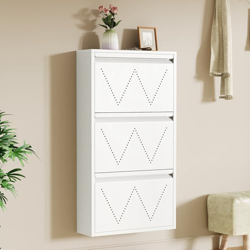 YITAHOME Schuhschrank Schmal mit 3 Schubladen | Schuhschrank Metall & Schuhkipper | Belüftetes Shoe Cabinet | Schuhkipper Schmal Weiß | Stabiles Metal Shoe Cabinet für Flur | schuhschrank zum Hängen