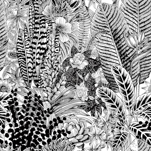 FunStick Papier Peint Tropical Jungle Feuilles Papier Peint Adhesif Mural Noir et Blanc Salle de Bain Chambre Rouleau Adhésif Decoratif Meuble Fleuri Vinyle Rouleau Stickers Adhesif Fleurs 44.5CMX3M
