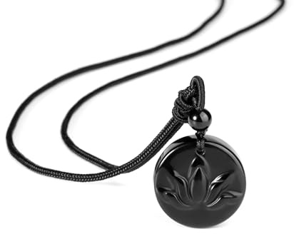 PiercingJak Obsidian Halskette Herren Frauen Kristalle Kette mit Lotus Blume Muster Anhänger Schwarz Heilsteine Talisman Yoga Schmuck Amulett Spirituelle Geschenke für Männer Damen