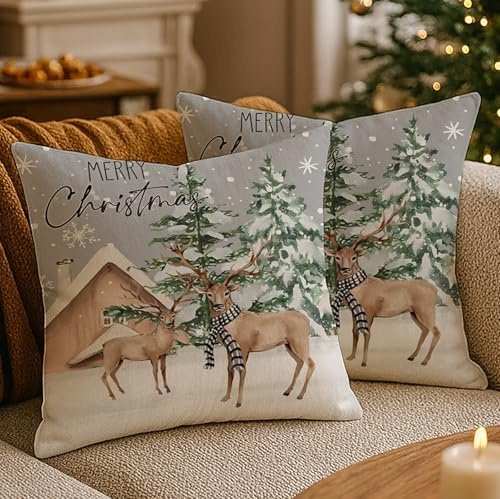Luzzxfa 2er Set Elch Winter Weihnachten Kissenbezug 45x45 cm Weihnachtsbaum Schneeflocke Kissenbezüge Grau Sofakissen Christmas Zierkissenbezug mit Verstecktem Reißverschluss