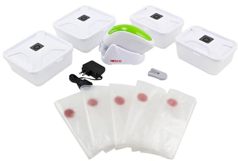 NESCO Handheld Vacuum Sealer Kit, Includes 4 Canisters, 5 Reusable Gallon Zipper Bags, Freezer, Dishwasher, Sous Vide Safe Bags, Great for Meal Prep & Food Storage – Rechargeable with Charging Base