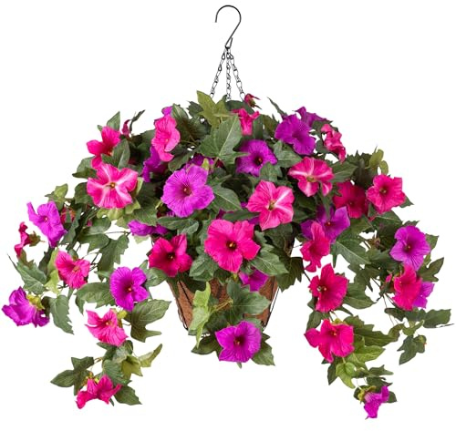 Artificial Petunia Flowers with Hanging Basket for Outdoors, 3 Pcs Fake Hanging Flowers UV Resistant Faux Silk Plants in Basket for Garden Porch Yard Patio Realistic Home Spring Decor(Purple Fuchsia)