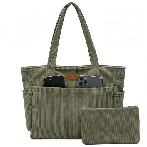 Cord Tasche Damen,Shopper Tasche Damen, Groß Tote Bag Strandtasche mit Reißverschluss, Laptoptasche mit Separatem Beutel Mehrere Handtasche zum für Arbeit Reisen Einkaufen Fitness 48 x 38 x 12cm