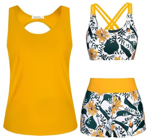Tankini 3 pièces pour femme - Maillot de bain push-up - Débardeur fonctionnel léger et short de bain taille haute - Maillot de bain simple - Maillot de bain pour le sport et la piscine