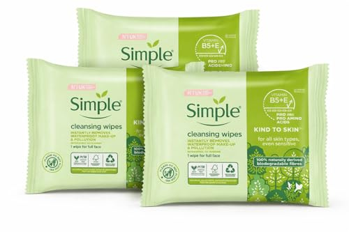 Simple Kind to Skin Cleansing Wipes, Biodegradable, Pack of 3 (25 Wipes Each) – Gentle Face Cleansing Wipes for Sensitive Skin, Removes Makeup, Dirt & Impurities