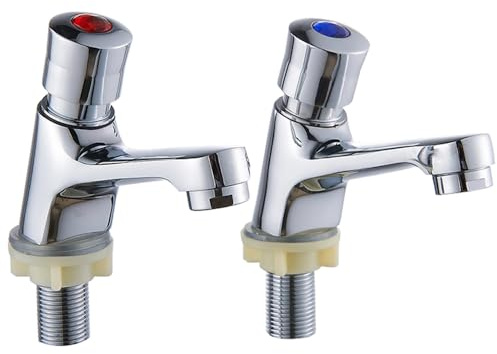 Self Closing Bathroom Sink Taps Pair, 1 Pair G1/2 Chrome Plated Bathroom Sink Faucet Brass Push Button Hot and Cold Mixer Time Delay Washbasin Tap Mixer for Kitchen Hotel Restaurant Public Toilet