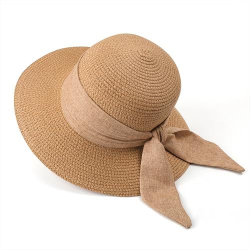 Qzakce Cappello da Sole Donna, Cappello da Sole in Paglia con Tesa Larga, Pieghevole Cappello da Spiaggia Protezione UV Cappelli di Paglia con Fiocco per Spiaggia, in Viaggio e in Vacanza, Cachi