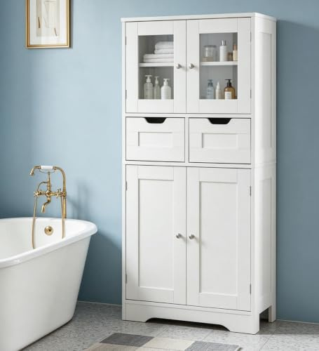 Xinyvee Mueble de Baño Columna y Armario de Suelo con 2 Cajones, Alacena de Cocina y Despensa, Aparador Cocina Estrecho, Mueble de Almacenamiento Estantes Ajustables 60x30x128cm