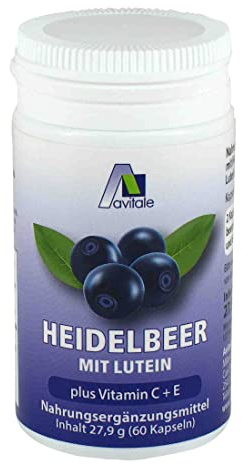 Avitale Heidelbeer Kapseln mit Lutein plus Vitamin C + E, 60 Stück | Mit 250mg Heidelbeerpulver, 40mg Heidelbeerextrakt, 30mg Vitamin C, 5mg Vitamin E und 3mg Lutein pro Kapsel